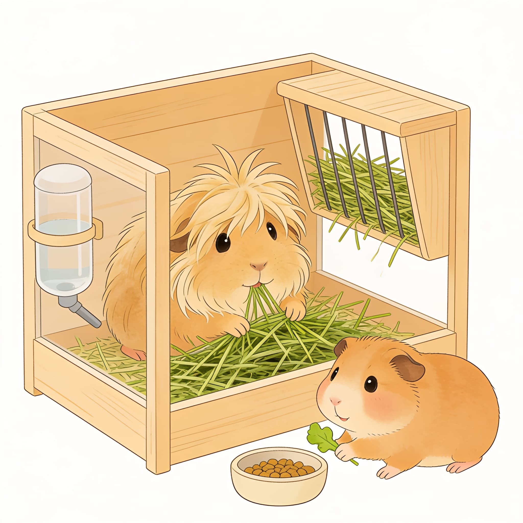 Ilustración de cuyos en un hábitat con heno y alimento