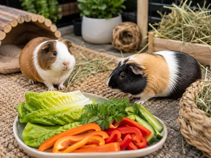 Dos cuyos junto a un plato de verduras frescas y heno